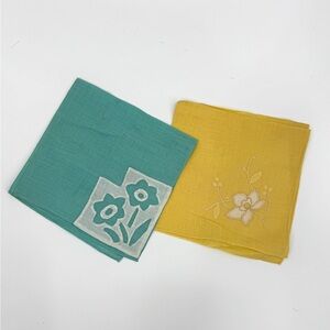 Set of Two Vintage Hand Appliqué Handkerchiefs - Teal & Mustard